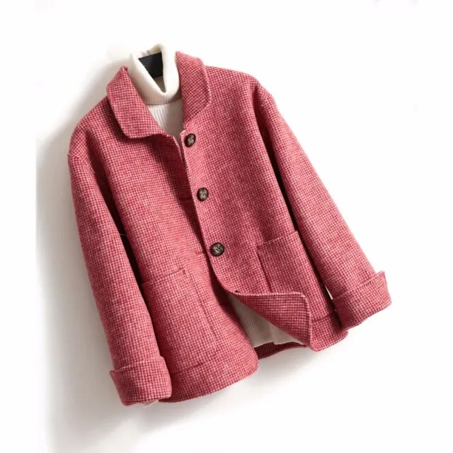 Short Plaid  Wool Coat Women New Single Breasted Turn-down Collar pocket Winter Pure Wool Jacket Female Casaco Feminino