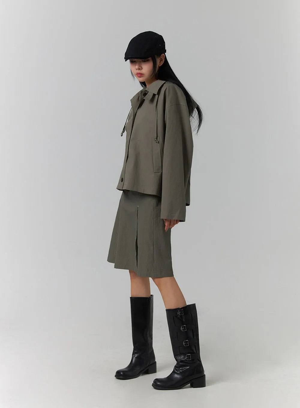 Solid Hooded Crop Trench Coat CJ419