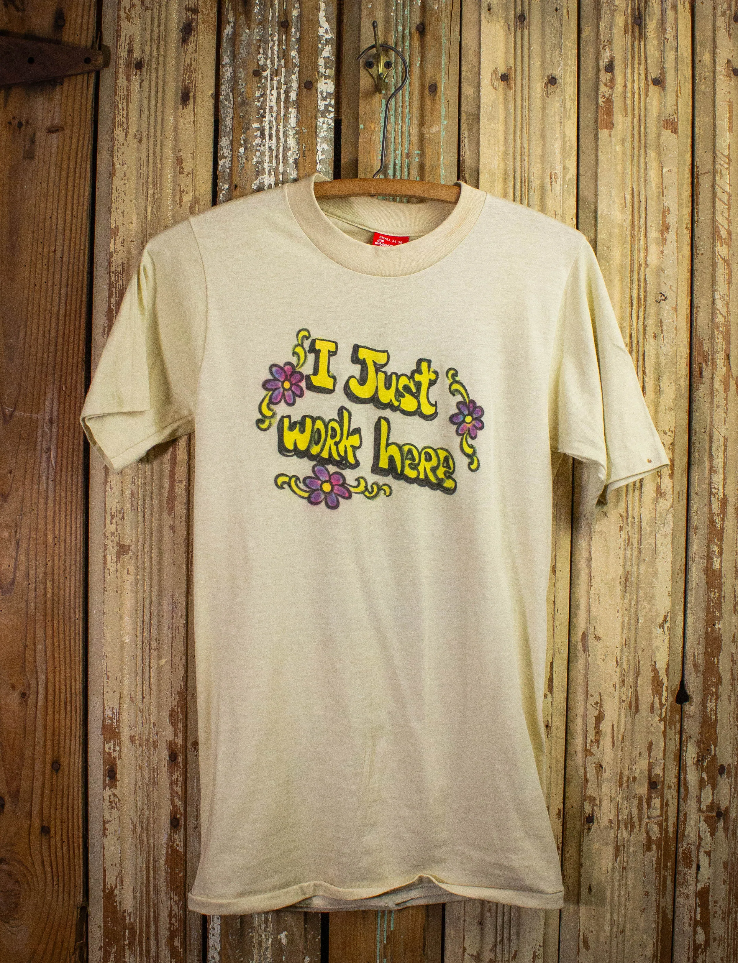 Vintage Mihitabel I Just Work Here Graphic T Shirt 60s Tan XS