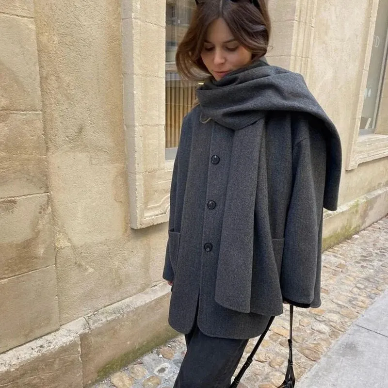 Women Casual Scarf Collar Single Breasted Pocket Coats