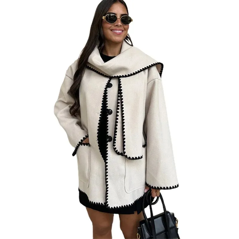 Women Casual Scarf Collar Single Breasted Pocket Coats