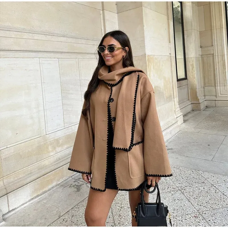 Women Casual Scarf Collar Single Breasted Pocket Coats