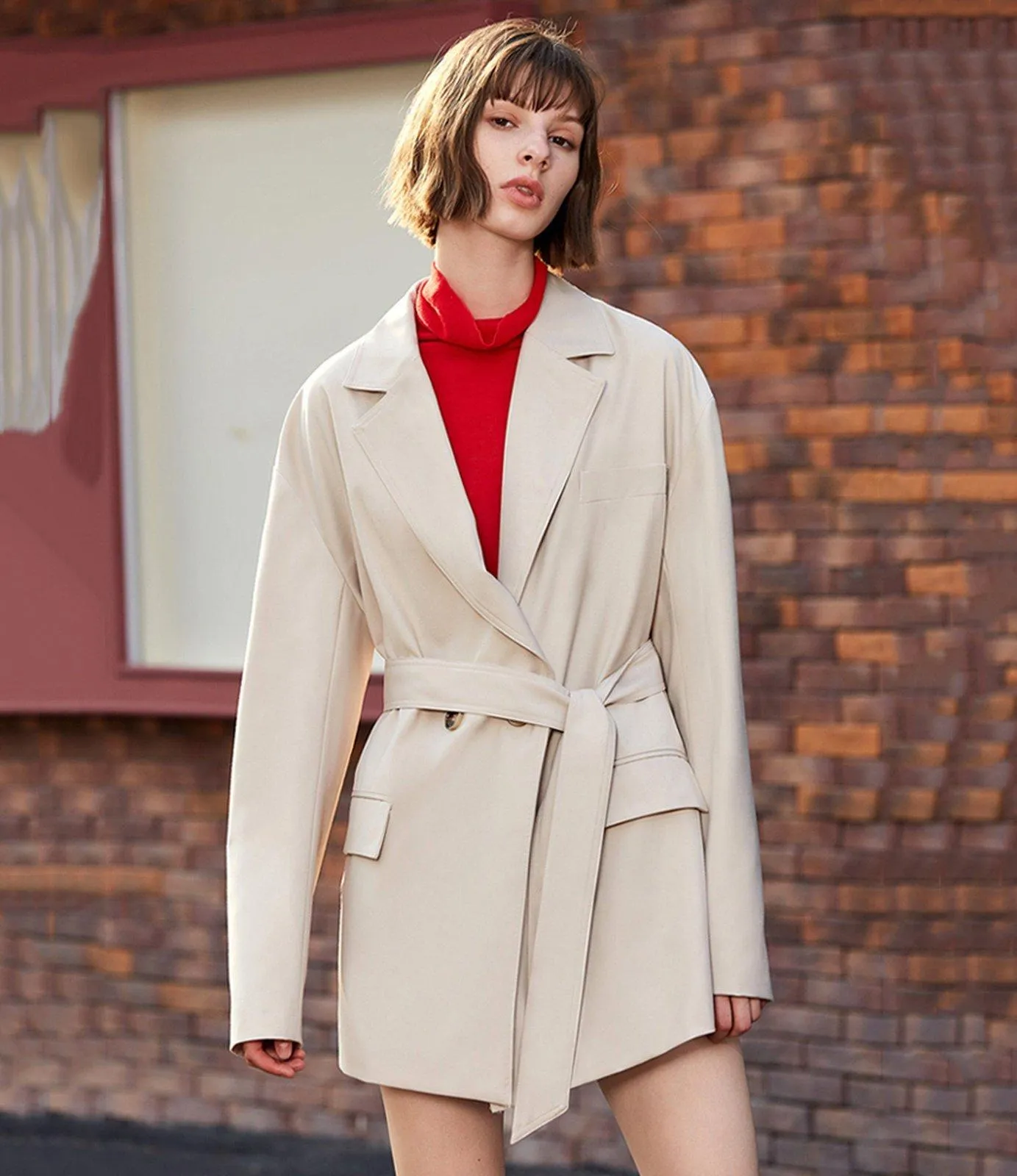 Women Long suit jacket, Beige Long Blazer,Utility Belted Blazer,Lady short trench coat,Long Suit Blazer,Reefer Coat,Women Cotton Windbreak