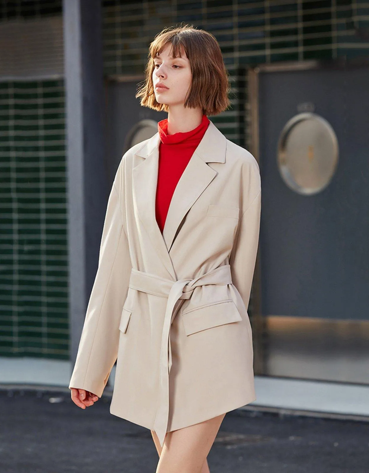 Women Long suit jacket, Beige Long Blazer,Utility Belted Blazer,Lady short trench coat,Long Suit Blazer,Reefer Coat,Women Cotton Windbreak