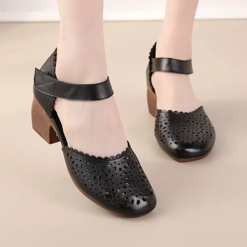 Women's Casual Shoes DX150 - Soft Leather Thick Heels Sandals