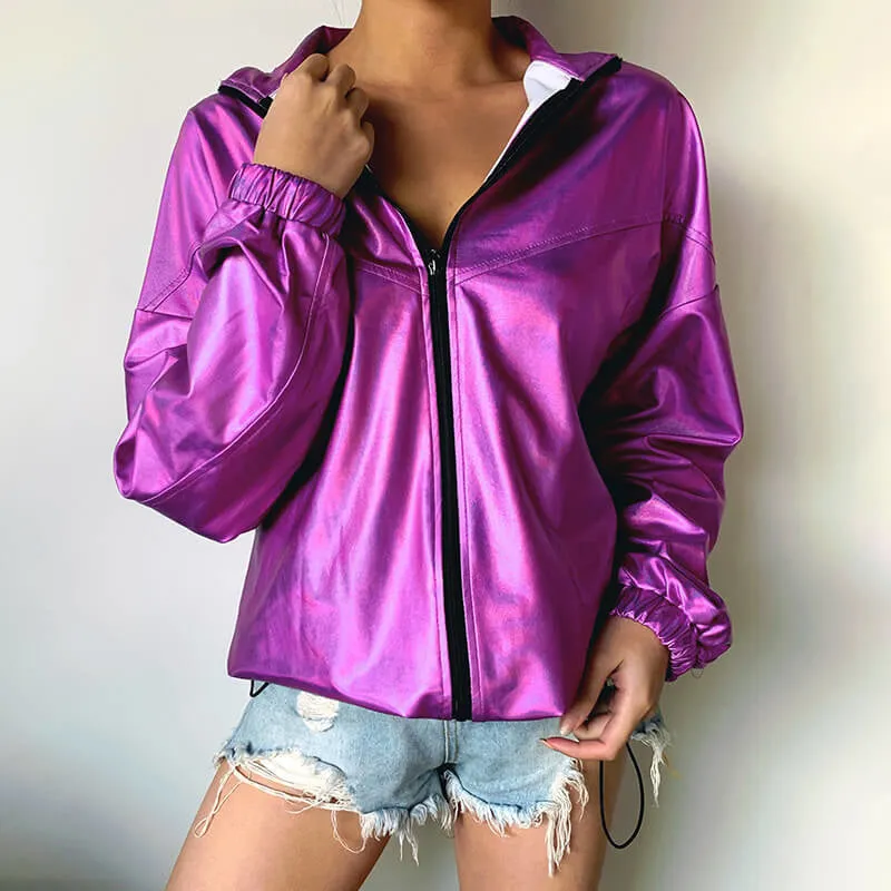 Zipper Purple Women Coats Loose Fashion Solid Color Long Sleeve Outdoor Streetwear t